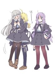 Rule 34 | 0 0, 3girls, ahoge, amano soraha, aqua eyes, arm at side, assault lily, banshouya ena, behind another, black footwear, black ribbon, black skirt, black thighhighs, blonde hair, blush, brown eyes, brown footwear, brown pantyhose, buttons, covered face, cropped jacket, egawa kusumi, flying sweatdrops, frilled skirt, frills, full body, grey hair, hair ribbon, hand on own hip, hands up, high-waist skirt, highres, jewelry, juliet sleeves, leg ribbon, lifting person, long hair, long sleeves, low ponytail, miniskirt, motion lines, multiple girls, neck ribbon, no pupils, nose blush, open mouth, pantyhose, parted lips, ponytail, puffy sleeves, purple hair, raised eyebrows, ribbon, ring, school uniform, shaded face, shirt, shoe soles, shoes, sidelocks, simple background, skirt, sorato (astllatte), thigh ribbon, thighhighs, translated, tress ribbon, very long hair, wavy hair, white background, white ribbon, white shirt, yuri, yurigaoka girls academy school uniform, zettai ryouiki