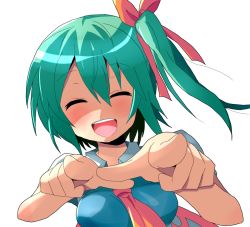 Rule 34 | 1girl, :d, blush, daiyousei, closed eyes, fairy wings, female focus, foreshortening, green hair, kuromu (underporno), long hair, necktie, open mouth, pointing, pointing at viewer, side ponytail, smile, solo, touhou, wings
