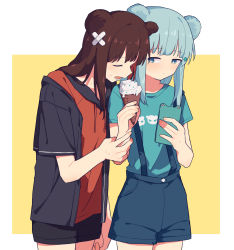 Rule 34 | 2girls, animal ears, arknights, arm grab, bandaid, bandaid on head, bear ears, black hair, black shorts, black sweater, blue eyes, blue hair, blue shirt, blue shorts, cellphone, coldcat., cowboy shot, closed eyes, food, hair ornament, highres, holding, holding food, holding phone, ice cream, ice cream cone, istina (arknights), long hair, multiple girls, nervous, open mouth, phone, red shirt, shared food, shirt, shorts, star (symbol), star hair ornament, suspender shorts, suspenders, sweatdrop, sweater, yuri, zima (arknights)