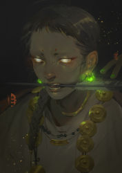 Rule 34 | 1boy, absurdres, arrow (projectile), biting, black background, black hair, braid, bridge piercing, commentary, earrings, english commentary, eyelashes, eyeliner, fangs, glowing, glowing earrings, glowing eyes, gold, gold necklace, green nails, hair over shoulder, hand up, highres, jajako, jewelry, labret piercing, light particles, long hair, looking afar, makeup, male focus, mole, mole under eye, mouth hold, nail polish, necklace, original, portrait, ringed eyes, short eyebrows, simple background, solo, tongue, white eyes