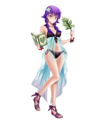 Rule 34 | 1girl, bare shoulders, bikini, book, breasts, cleavage, closed mouth, collarbone, dual wielding, feet, female focus, fire emblem, fire emblem: the sacred stones, fire emblem heroes, flower, full body, hair flower, hair ornament, highres, holding, holding book, leaf, long hair, lute (fire emblem), matching hair/eyes, medium breasts, navel, nintendo, official art, purple eyes, purple hair, sandals, see-through, seo kouji, solo, stomach, swimsuit, thighs, toes, transparent background