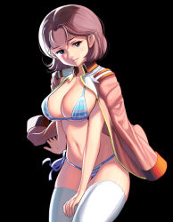 Rule 34 | 1girl, bikini, black background, blue bikini, breasts, brown eyes, brown hair, cleavage, cowboy shot, female focus, gundam, huge breasts, jacket, jacket on shoulders, kouno (masao), looking at viewer, mirai yashima, mobile suit gundam, navel, parted bangs, parted lips, short hair, side-tie bikini bottom, simple background, smile, solo, striped bikini, striped clothes, swimsuit, thighhighs, thighs, white thighhighs