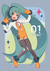 Rule 34 | 1girl, :d, absurdly long hair, bad id, bad pixiv id, barcode, blue eyes, blue hair, bodysuit, boots, double v, gloves, hatsune miku, headphones, headset, highres, irarugii, knees together feet apart, long hair, looking at viewer, open mouth, smile, solo, speaker, twintails, v, very long hair, vocaloid