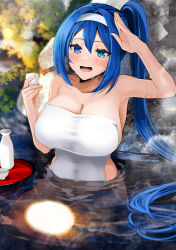 Rule 34 | 1girl, bare shoulders, blue eyes, blue hair, blurry, blurry background, blush, borrowed character, breasts, cleavage, collarbone, commission, cup, hairband, holding, holding cup, large breasts, long hair, looking at viewer, naked towel, on water, onsen, open mouth, original, ponytail, salute, sitting, skeb commission, smile, solo, steam, stone, sweat, towel, tray, water, wet, white hairband, yunamaro