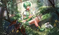 Rule 34 | 1boy, bird, bug, butterfly, commentary, forest, glowing, green eyes, green footwear, green hair, green shorts, green vest, headphones, index finger raised, insect, log, male focus, musical note, nature, necktie, outdoors, rabbit, ryuuto (vocaloid), shoes, short sleeves, shorts, sitting on log, sparrow, striped neckwear, vest, vocaloid, yamakawa umi