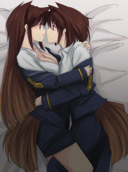 Rule 34 | 2girls, animal ears, animal hair, bed, breasts, brown eyes, brown hair, character request, cleavage, collarbone, eye contact, female focus, glasses, gustav (telomere na), hug, imminent kiss, long hair, looking at another, lying, military, military uniform, multiple girls, on side, open clothes, open shirt, shirt, short hair, tail, uniform, yuri