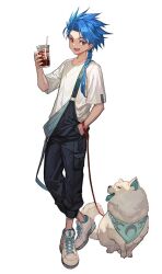 Rule 34 | 1boy, bishounen, blue hair, braid, braided ponytail, child, cu chulainn (fate), dog, fate/grand order, fate (series), lack, leash, long hair, looking at viewer, male focus, overalls, red eyes, setanta (fate), shirt, simple background, solo, spiked hair, white background, white footwear, white shirt