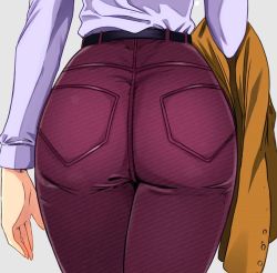 Rule 34 | 1girl, 2021, ass, ass focus, belt, denim, holding, holding clothes, jeans, long sleeves, pants, pocket, scryed, shirt, shirt tucked in, solo, standing, terada ayase, tomo0843, white background, white shirt