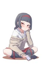 Rule 34 | 1girl, black hair, black socks, blush, brown sweater, closed mouth, collared shirt, colored shadow, commentary request, dress shirt, earbuds, earphones, hairband, highres, kneehighs, kuro kosyou, looking at viewer, low ponytail, no shoes, off shoulder, orange eyes, original, pleated skirt, ponytail, red hairband, red skirt, shadow, shirt, simple background, skirt, socks, solo, sweater, white background, white shirt, wireless earphones