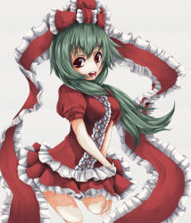Rule 34 | 1girl, adapted costume, alternate eye color, barefoot, bow, breasts, female focus, frills, front ponytail, green hair, grey background, hair bow, hair ornament, hair ribbon, honey32, kagiyama hina, long hair, looking at viewer, miniskirt, open mouth, red eyes, ribbon, short sleeves, simple background, skirt, solo, touhou