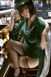 Rule 34 | 1g no izumi, alcohol, banned artist, bar (place), black thighhighs, bob cut, breasts, champagne, champagne bottle, cleavage, coat, cocktail, cocktail glass, crossed legs, cup, dress, drinking glass, fubuki (one-punch man), fur coat, garter straps, green dress, green eyes, green hair, high heels, jewelry, large breasts, lips, looking at viewer, necklace, one-punch man, parted lips, pearl necklace, realistic, short hair, side slit, sitting, solo, straight hair, thighhighs, whiskey, zumi (zumidraws)