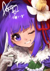 1girl blunt_bangs flower gloves hair_flower hair_ornament hieda_no_akyuu highres looking_at_viewer mouryou_(chimimouryou) one_eye_closed purple_eyes purple_hair short_hair smile solo touhou white_gloves