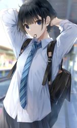 Rule 34 | 1girl, arms up, backpack, bag, black hair, black skirt, blue eyes, blue necktie, blurry, blurry background, closed mouth, collared shirt, commentary request, cowboy shot, day, depth of field, dress shirt, ear piercing, hair tie, highres, kurokuro illust, long sleeves, looking at viewer, mouth hold, necktie, original, outdoors, piercing, shirt, short hair, skirt, solo, striped necktie, striped neckwear, train station, tying hair, white shirt