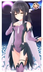 Rule 34 | 1girl, absurdres, bad id, bad pixiv id, bare shoulders, black hair, blush, breasts, brown eyes, closed mouth, detached sleeves, fate/kaleid liner prisma illya, fate (series), fingernails, flower, hair ornament, hairclip, hand up, highres, leotard, long sleeves, low ponytail, magical sapphire, miyu edelfelt, ponytail, purple leotard, purple sleeves, purple thighhighs, sidelocks, sleeves past wrists, small breasts, smile, solo, thighhighs, white flower, x hair ornament, yuzuzukushi