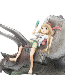 Rule 34 | &gt;:d, 1girl, :d, ari hinoko, bare arms, bare legs, barefoot, blonde hair, brown eyes, dinosaur, dot nose, flat chest, futaba anzu, handheld game console, highres, holding, horns, idolmaster, idolmaster cinderella girls, looking at viewer, low twintails, lying, off shoulder, on animal, on back, one eye closed, open mouth, parted lips, pillow, playstation portable, shirt, short sleeves, shorts, simple background, sketch, smile, striped clothes, striped shorts, triceratops, twintails, v-shaped eyebrows, white background, white shirt