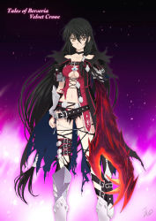 Rule 34 | 1girl, artist name, belt, belt buckle, black hair, black neckwear, braid, breasts, buckle, cape, character name, choker, claws, copyright name, highres, isshi pyuma, long hair, looking at viewer, md5 mismatch, navel, red shirt, revealing clothes, shirt, signature, solo, tales of (series), tales of berseria, text focus, torn clothes, velvet crowe, yellow eyes