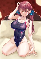 Rule 34 | 1girl, absurdres, bed, black one-piece swimsuit, breasts, commentary request, competition swimsuit, hair ribbon, heterochromia, highleg, highleg swimsuit, highres, hololive, houshou marine, large breasts, long hair, one-piece swimsuit, red eyes, red hair, red ribbon, ribbed swimsuit, ribbon, solo, swimsuit, tatsumi yashiro, twintails, virtual youtuber, yellow eyes