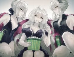 Rule 34 | 3girls, artoria pendragon (all), artoria pendragon (fate), artoria pendragon (lancer alter) (fate), ayamatazu, bad id, bad pixiv id, bare shoulders, black dress, breasts, cleavage, clenched teeth, dress, fate/grand order, fate (series), food, food in mouth, jeanne d&#039;arc (fate), jeanne d&#039;arc (ruler) (fate), jeanne d&#039;arc alter (avenger) (fate), jeanne d&#039;arc alter (fate), long hair, looking at viewer, medium breasts, multiple girls, pale skin, pocky, popcorn, saber (fate), saber alter, sideboob, silver hair, sleeveless, teeth, trait connection, yellow eyes