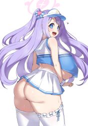 Rule 34 | 1girl, :d, absurdres, areola slip, ass, bare shoulders, blue archive, blue eyes, blush, breasts, cheerleader, crop top, curvy, from behind, hair ornament, halo, hanae (blue archive), hanae (cheer squad) (blue archive), heart, heart halo, heart sticker, highres, huge breasts, long hair, looking at viewer, looking back, miniskirt, no bra, no panties, noe (ppppriver), open mouth, pleated skirt, purple hair, simple background, skirt, smile, solo, standing, sticker on face, sweat, thick thighs, thighhighs, thighs, two side up, underboob, very long hair, visor cap, white background, white skirt, wide hips