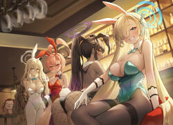 Rule 34 | 4girls, :&lt;, absurdly long hair, ahoge, akane (blue archive), akane (bunny) (blue archive), animal ears, doodle sensei (blue archive), ass, asuna (blue archive), asuna (bunny) (blue archive), back, backless leotard, bar (place), bar stool, bare back, bare shoulders, black-framed eyewear, black leotard, blue archive, blue bow, blue bowtie, blue eyes, blue leotard, blue ribbon, blurry, blush, bottle, bow, bowtie, braid, breasts, brown eyes, brown hair, brown pantyhose, brown shawl, cleavage, clothes down, collar, commentary request, counter, covered navel, cowboy shot, crossed legs, cup, dark-skinned female, dark skin, depth of field, detached collar, drinking glass, earrings, elbow rest, fake animal ears, fake tail, fishnet pantyhose, fishnets, fringe trim, glasses, gloves, gradient hair, grin, groin, gya (144), hair over one eye, halo, hand up, high ponytail, highleg, highleg leotard, huge ass, indoors, jacket, jewelry, karin (blue archive), karin (bunny) (blue archive), large breasts, leaning, leotard, light brown hair, long hair, looking at viewer, mole, mole on breast, mole under eye, multicolored hair, multiple girls, neru (blue archive), neru (bunny) (blue archive), official alternate costume, one eye covered, open mouth, oversized breast cup, pantyhose, pink eyes, pink hair, playboy bunny, print jacket, purple hair, rabbit ears, rabbit tail, red bow, red bowtie, red leotard, ribbon, sensei (blue archive), shawl, short hair, side-tie leotard, sideboob, sidelocks, sideways glance, single braid, sitting, small breasts, smile, standing, stool, strapless, strapless leotard, stud earrings, sukajan, swept bangs, tail, thighband pantyhose, thighs, traditional bowtie, very long hair, white collar, white gloves, white leotard, white pantyhose, wide hips, wing collar, yellow eyes