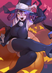 Rule 34 | 1girl, armpits, blair (soul eater), boots, breasts, detached sleeves, fang, hair between eyes, hand on headwear, hat, highres, jack-o&#039;-lantern, large breasts, long hair, looking at viewer, one eye closed, open mouth, panties, poch4n, purple hair, solo, soul eater, thigh boots, underwear, white panties, witch, witch hat, yellow eyes