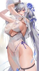 Rule 34 | 1girl, absurdres, arm strap, arms up, bare shoulders, blue flower, blue ribbon, blush, breasts, bucket, choyeon, clothing cutout, cowboy shot, crotch, dress, floral print, flower, g-string, gloves, grey hair, hair flower, hair intakes, hair ornament, hair ribbon, hairpin, highres, holding, holding bucket, large breasts, long hair, micro panties, open mouth, original, panties, pelvic curtain, purple eyes, revealing clothes, ribbon, see-through, side-tie panties, sideboob, simple background, sleeveless, sleeveless dress, solo, string panties, teeth, thigh strap, thighs, thong, underboob, underboob cutout, underwear, upper teeth only, very long hair, water, wet, wet clothes, white background, white dress, white flower