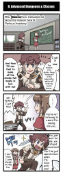 Rule 34 | ..., 1boy, 1girl, 4koma, ^^^, ahoge, alternate language, anger vein, angry, artist request, belt, blue eyes, brown eyes, brown hair, censored, censored text, chair, chalkboard, choker, classroom, clenched hand, comic, desk, dungeons &amp; dragons, emphasis lines, english text, glasses, glint, hard-translated, highres, human (totomono), jewelry, ken to mahou to gakuen mono, necklace, official art, open mouth, parted lips, pencil skirt, pointer, pun, running, school, school desk, short hair, sitting, skirt, smile, sparkle, speech bubble, spoken ellipsis, standing, sword, talking, third-party edit, thumbs up, translated, weapon, window