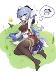 Rule 34 | 1girl, absurdres, ahoge, arm up, armpits, bare shoulders, black leotard, black pantyhose, blue hair, bodystocking, bodysuit, breasts, chinese knot, commentary request, detached sleeves, fengqun, flower, flower knot, ganyu (genshin impact), genshin impact, grass, high-waist skirt, highres, horns, large breasts, leotard, leotard under clothes, long hair, looking at viewer, miniskirt, no shoes, pantyhose, purple eyes, sitting, skirt, solo, tassel, thought bubble, very long hair, vision (genshin impact), waist cape, white skirt, white sleeves, yellow flower