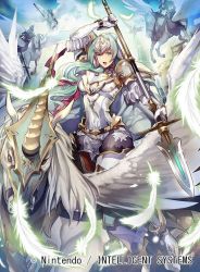 Rule 34 | 1girl, armor, breastplate, cape, commentary request, company connection, copyright name, dress, elbow gloves, feathered wings, feathers, fire emblem, fire emblem: path of radiance, fire emblem cipher, gloves, green eyes, green hair, headpiece, holding, holding weapon, horns, long hair, looking at viewer, nagahama megumi, nintendo, official art, open mouth, pegasus, pegasus knight uniform (fire emblem), polearm, short dress, short sleeves, shoulder armor, sigrun, spear, weapon, white gloves, wings