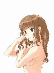 Rule 34 | 1girl, absurdres, adjusting hair, braid, breasts, brown eyes, brown hair, highres, irodori-classical, kimi kiss, long hair, mizusawa mao, mouth hold, nude, sideboob, simple background, solo, twin braids, upper body, white background