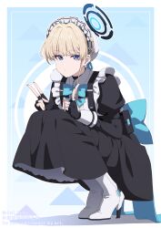 Rule 34 | 1girl, aoi suzu, black gloves, blonde hair, blue archive, blue eyes, boots, double v, expressionless, fingerless gloves, gloves, halo, hat, hetero, highres, looking at viewer, maid, mob cap, neck ribbon, ribbon, solo, squatting, toki (blue archive), v