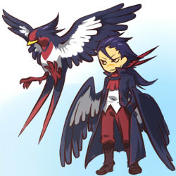 Rule 34 | 00s, 1boy, blue hair, boots, coat, creatures (company), game freak, gen 3 pokemon, gradient background, hand in pocket, hitec, knee boots, male focus, moemon, nintendo, personification, pokemon, pokemon (creature), pokemon rse, ponytail, red eyes, swellow, white background, wings