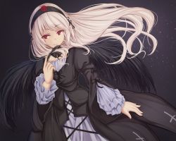 Rule 34 | 1girl, black feathers, black wings, breasts, cross, detached collar, doll joints, dress, feathered wings, feathers, gothic lolita, hairband, joints, lolita fashion, lolita hairband, long hair, long sleeves, meimei (suiginto6106), red eyes, rozen maiden, silver hair, simple background, smile, solo, suigintou, wings