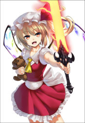 Rule 34 | 1girl, ascot, bad id, bad pixiv id, blonde hair, dress, flandre scarlet, laevatein, long hair, open mouth, red eyes, side ponytail, simple background, smile, solo, stuffed animal, stuffed toy, sword, takemori shintarou, teddy bear, touhou, weapon, white background, wings
