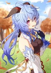 Rule 34 | 1girl, ahoge, autumn leaves, bare shoulders, bell, black gloves, blue hair, blush, breasts, detached sleeves, ganyu (genshin impact), genshin impact, gloves, gold trim, highres, horns, long hair, looking at viewer, low ponytail, medium breasts, nage (sacosui ng), neck bell, open mouth, outdoors, purple eyes, sidelocks, smile, solo, tree, upper body, white sleeves