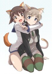 Rule 34 | 2girls, animal ears, barefoot, blue eyes, blush, breasts, brown hair, cat ears, cat tail, closed mouth, dog ears, dog tail, dress, hair ribbon, highres, looking at viewer, lynette bishop, medium breasts, military, military uniform, miyafuji yoshika, multiple girls, polka dot, polka dot background, ribbon, sailor dress, short hair, simple background, smile, strike witches, striped clothes, striped thighhighs, tail, thighhighs, tricky 46, uniform, world witches series, yuri