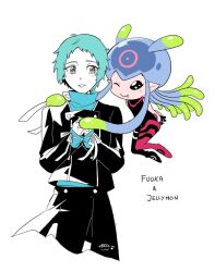 Rule 34 | crossover, digimon, digimon (creature), jellyfish girl, jellymon, monster girl, persona, persona 3, simple background, tentacle hair, tentacles, white background, yamagishi fuuka