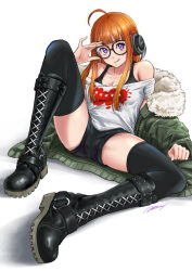 Rule 34 | 1girl, :p, adjusting eyewear, ahoge, albyee, bare shoulders, behind-the-head headphones, black footwear, black shorts, black tank top, black thighhighs, blunt bangs, boots, coat, commentary, commission, cross-laced footwear, english commentary, fur-trimmed coat, fur trim, glasses, green coat, headphones, hood, hood down, hooded coat, knee up, lace-up boots, long hair, long sleeves, looking at viewer, midriff, navel, off-shoulder shirt, off shoulder, orange hair, persona, persona 5, purple eyes, reclining, sakura futaba, shirt, short shorts, shorts, signature, simple background, smile, solo, t-shirt, tank top, thighhighs, tongue, tongue out, white background, white shirt