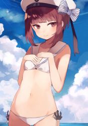 Rule 34 | 10s, 1girl, anchor, beret, bikini, blush, bow, brown eyes, brown hair, clothes writing, cloud, cloudy sky, commentary, day, flat chest, hands on own chest, hat, hat bow, kantai collection, lens flare, looking at viewer, matching hair/eyes, navel, sailor bikini, sailor collar, short hair, short hair with long locks, shugao, side-tie bikini bottom, sky, smile, solo, swimsuit, white bikini, z3 max schultz (kancolle)