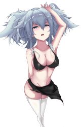 Rule 34 | 1girl, alternate costume, arm behind back, bikini, black bikini, blue eyes, blue hair, blush, breasts, cleavage, collarbone, commentary, english commentary, full body, girls&#039; frontline, hand on own head, highres, lezard18, long hair, looking at viewer, medium breasts, navel, open mouth, pa-15 (girls&#039; frontline), solo, standing, swimsuit, teeth, thighhighs, upper teeth only, white background, white thighhighs, zettai ryouiki