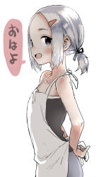 Rule 34 | 1girl, :d, absurdres, apron, arms behind back, bare arms, bare shoulders, black camisole, black ribbon, blush, camisole, collarbone, forehead, grey eyes, hair ornament, hair ribbon, hairclip, highres, low ponytail, open mouth, original, parted bangs, ponytail, ribbon, short hair, sidelocks, silver hair, simple background, smile, solo, translated, tying, white apron, white background, yamamoto souichirou