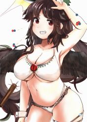 Rule 34 | 1girl, adapted costume, arm up, armpits, atom, bird wings, breasts, brown hair, cleavage, commentary request, contrapposto, cowboy shot, feathered wings, grin, highres, large breasts, long hair, looking at viewer, morizou shi, navel, radiation, red eyes, reiuji utsuho, simple background, smile, solo, swept bangs, touhou, underboob, very long hair, white background, wings, wrist cuffs