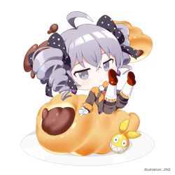 Rule 34 | 1girl, antenna hair, bow, bowtie, bronya zaychik, bronya zaychik (wolf&#039;s dawn), brown jacket, chibi, closed mouth, drill hair, earrings, food, full body, grey eyes, grey hair, hair between eyes, homu (honkai impact), honkai (series), honkai impact 3rd, jacket, jewelry, jin2, long sleeves, looking at viewer, plate, red footwear, shoe soles, shoes, simple background, solo, twin drills, white background, yellow bow, yellow bowtie