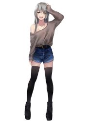 Rule 34 | 1girl, absurdres, alternate costume, arm at side, bare shoulders, belt, black belt, black footwear, black thighhighs, blush, boots, breasts, brown shirt, buckle, collarbone, denim, denim shorts, eyes visible through hair, full body, girls&#039; frontline, green eyes, grey hair, hair between eyes, hair over shoulder, hand on own head, highres, ina (inadiary), jewelry, long hair, long sleeves, looking at viewer, loose clothes, loose shirt, medium breasts, necklace, off shoulder, open mouth, shirt, short shorts, shorts, sidelocks, simple background, smile, solo, standing, star-shaped pupils, star (symbol), symbol-shaped pupils, teeth, thighhighs, thighs, ump40 (girls&#039; frontline), white background, yellow eyes, zettai ryouiki