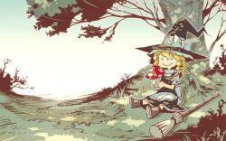 Rule 34 | 1girl, against tree, amanita muscaria, apron, black hat, black skirt, blonde hair, blue eyes, boots, bow, braid, broom, chibi, day, eating, fly agaric, forest, frills, hair bow, hair ornament, hair over shoulder, hat, hat ribbon, kirisame marisa, long hair, mushroom, nature, on ground, outdoors, puffy sleeves, ribbon, shirt, short sleeves, side braid, single braid, sitting, skirt, skirt set, sky, smile, solo, touhou, tree, tree shade, vest, waist apron, witch, witch hat, zounose