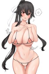 Rule 34 | 1girl, alternate breast size, bikini, black hair, breasts, cleavage, commentary request, commission, cowboy shot, crotchless, crotchless bikini, cupless bikini, flying sweatdrops, hair between eyes, hair ribbon, halterneck, hands up, highres, kantai collection, large breasts, long hair, looking at viewer, navel, nipples, no pussy, open mouth, partial commentary, ponytail, red eyes, ribbon, skeb commission, solo, spoken blush, string bikini, swimsuit, toshimasa (ztvy3575), variant set, very long hair, white background, white ribbon, yahagi (kancolle), yahagi kai ni (kancolle)