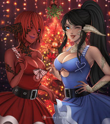 Rule 34 | 2girls, ;p, absurdres, assisted exposure, au ra, warrior of light (ff14), belt, blue eyes, blue sclera, blurry, blurry background, breasts, christmas, christmas tree, cleavage, clothes lift, colored sclera, colored skin, commission, dragon horns, dress, dress lift, final fantasy, final fantasy xiv, highres, horns, inspy art, large breasts, long hair, looking at viewer, medium breasts, mistletoe, multiple girls, nipples, one eye closed, pink eyes, ponytail, purple lips, red skin, scales, short hair, smile, tongue, tongue out