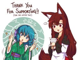 Rule 34 | 2girls, :d, ?, animal ear fluff, animal ears, blue eyes, blue hair, blush, blush stickers, breasts, brooch, brown hair, coffee cup, commentary, cup, disposable cup, double v, dress, drill hair, drill sidelocks, english commentary, english text, eyelashes, fins, green kimono, hair between eyes, hands up, head fins, holding, holding cup, imaizumi kagerou, japanese clothes, jewelry, kimono, long hair, long sleeves, looking at another, looking at viewer, medium breasts, mermaid, monster girl, multiple girls, obi, open mouth, purple sash, red eyes, sash, short hair, sidelocks, simple background, smile, sparkle, spoken question mark, starbucks, sweat, tail, touhou, upper body, v, wakasagihime, white background, white dress, wide sleeves, wolf ears, wolf tail, wool (miwol)