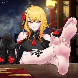 Rule 34 | 1girl, barefoot, blonde hair, efreezerarts, feet, highres, holding, holding shoes, hololive, hololive indonesia, kaela kovalskia, kaela kovalskia (new year), long hair, looking at viewer, parted lips, red eyes, shoes, smile, smoking pipe, soles, steam, sweat, toes, unworn shoes, virtual youtuber