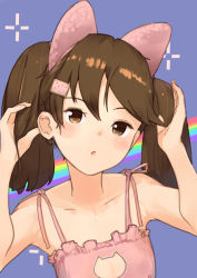 Rule 34 | 1girl, :o, absurdres, alternate costume, animal ears, blush, bra, brown eyes, brown hair, cat cutout, cat ears, cat lingerie, clothing cutout, co botan, fake animal ears, flat chest, hair ornament, hairclip, highres, kantai collection, long hair, looking at viewer, meme attire, parted lips, pink bra, rainbow, ryuujou (kancolle), simple background, solo, sparkle, twintails, underwear, upper body